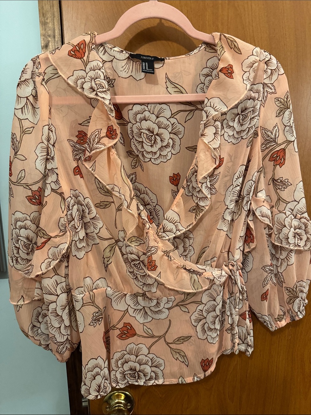 Peach Floral Ruffle Wrap Blouse